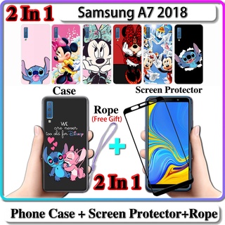 2 IN 1 เคส Samsung A7 2018 เคส พร้อมกระจกนิรภัยโค้ง ป้องกันหน้าจอ เซรามิค การออกแบบสติตช์ และมินนี่