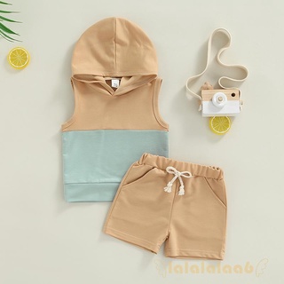 LAA6-Baby Boy´s Two-Piece Suit, Contrast Color Sleeveless Hooded Tops + Elastic Waist Shorts