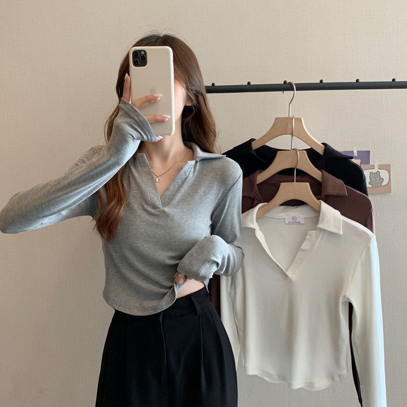 เสื้อยืดโปโล แขนยาว คอปก ทรงสลิมฟิต สีพื้น สําหรับผู้หญิง