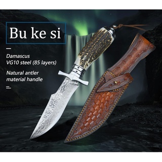 มีดโบวี่ (Bowie knife) มีดพก มีดใบตาย มีดเดินป่า มีดแคมป์ เหล็ก Damascus VG10 ใบ 4" ด้าม ขก แท้ พร้อมซองหนังแท้