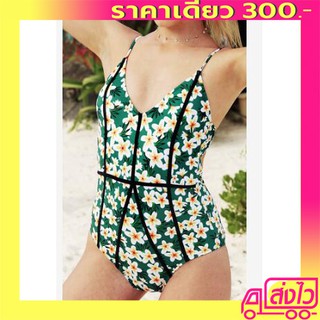 ชุดว่ายน้ำวันพีซ สีเขียว ลายดอกไม้ ตัดแถบเส้นดำ เว้าหลัง one piece swimsuit tropical wq8 bodysuit