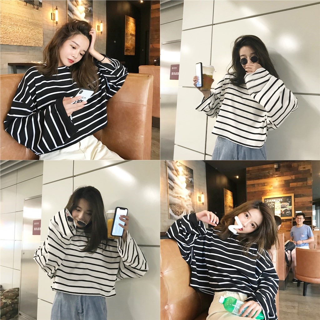 Korean เสื้อยืดคอกลมแขนยาวลายริ้ว ทรงโอเวอร์ไซส์ แต่งเเขนจั๊ม ทรงแขนใหญ่