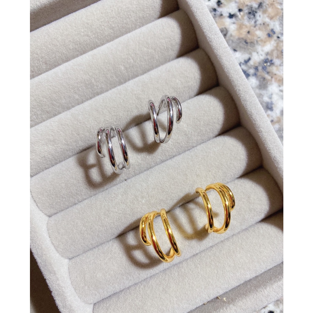 199_goodgift_station - Three-layer hoop earrings s925 silver earrings ต่างหูเงิน