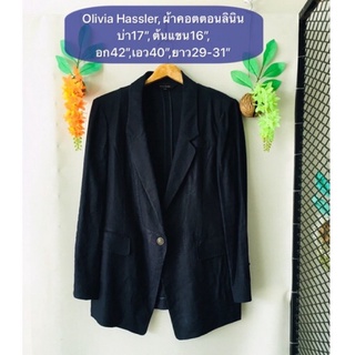 เสื้อสูท Olivia Hassler ผ้าคอตตอนลินินสีกรมทรงสวย งานค้างสต็อคญี่ปุ่น เคลียร์ขายมือสอง รายละเอียดและขนาดดูในรูปค่ะ