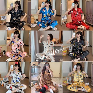 ใหม่ ชุดนอนผ้าซาติน ชุดนอนลายการ์ตูน ชุดนอนผู้หญิง ชุดนอนแขน…