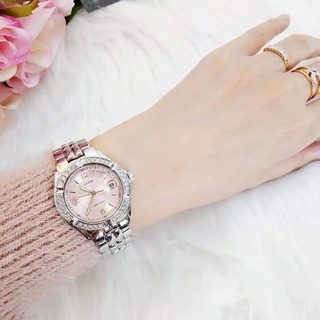 Guess Watch สายเลส ปัดชมพู ล้อมเพชร สวยหรู ขนาด 34 mm.