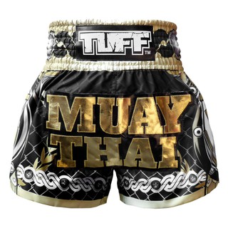 TUFF มวยไทย กางเกงมวยไทย สีดำ ลายนักรบ TUFF Muay Thai Boxing Shorts Golden Gladiator in Black