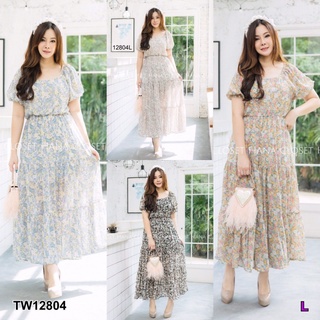 MM12804 เดรสยาว #สาวอวบ แขนตุ๊กตาผ้าชีฟองลายดอก Long dress #chubby girl, doll sleeve, chiffon fabric, flower pattern