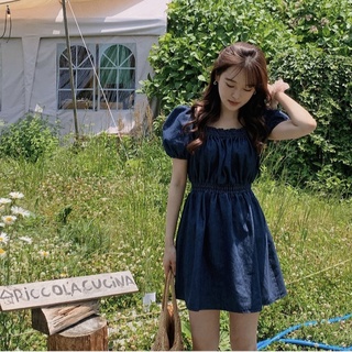 52802 ชุดเดรสยีน คอสี่เหลี่ยม เอวยางยืด น่ารัก สไตล์เกาหลี