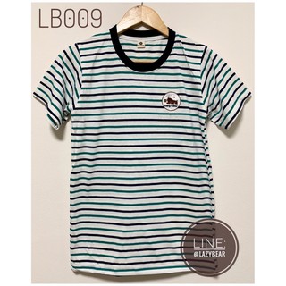 เสื้อยืด ลายขวาง Lazy bear หมีขี้เกียจ สีเขียว - กรม - ขาว