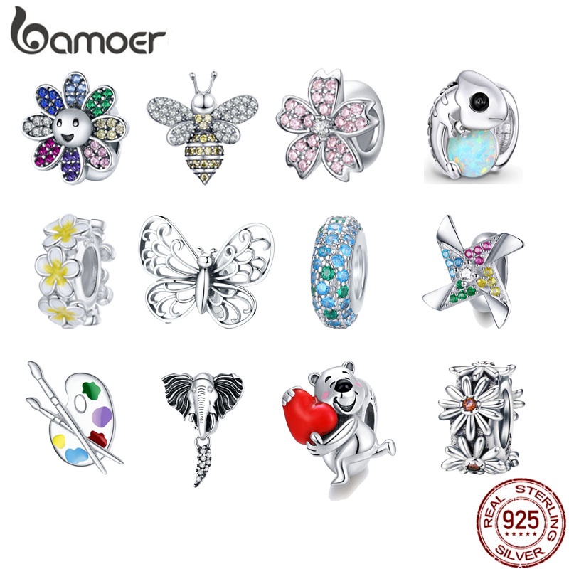 Bamoer ขายดี ลูกปัดเงิน 925 พร้อมซิลิโคน ทรงกลม สําหรับสร้อยข้อมือ เครื่องประดับแฟชั่น