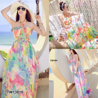 13810 Dress เดรส สายคล้องคอ ลายกราฟฟิกดอกไม้