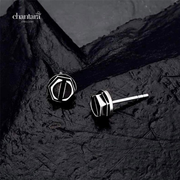 ต่างหูแป้นแบบติดหู ต่างหู ตุ้มหู ต่างหูชาย ต่างหูหญิง ต่างหูเงิน " Stud Earring " งานรมดำ ต่างหูเงินแท้925 แถมผ้าเช็ด