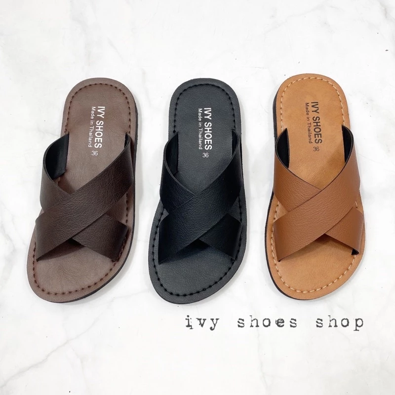 รองเท้าแตะ IVY SHOES ไซส์ 36-44 รองเท้าหนัง สไตล์วินเทจ (รุ่น VIN03- สวมไขว้) รองเท้าแตะหนัง