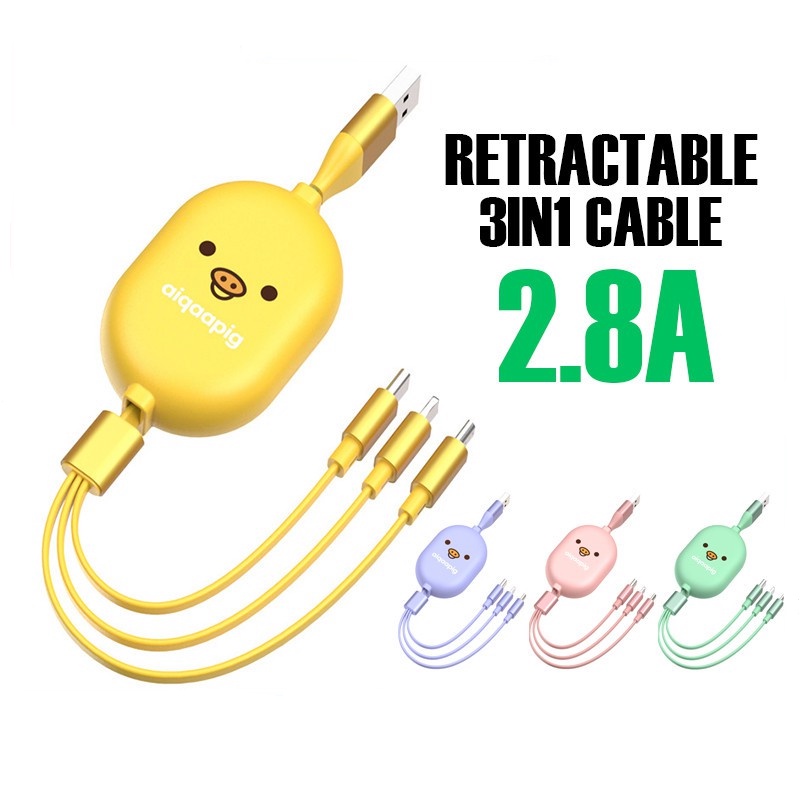 สายชาร์จโทรศัพท์ รุ่น aiq-2020X 3 in1 ม้วนเก็บสายได้ ชาร์จเร็ว 2.8A มีหัว Type-C,iph,Micro ความยาว เมตร ทรงตลับเมตร รูปไก่น่ารัก