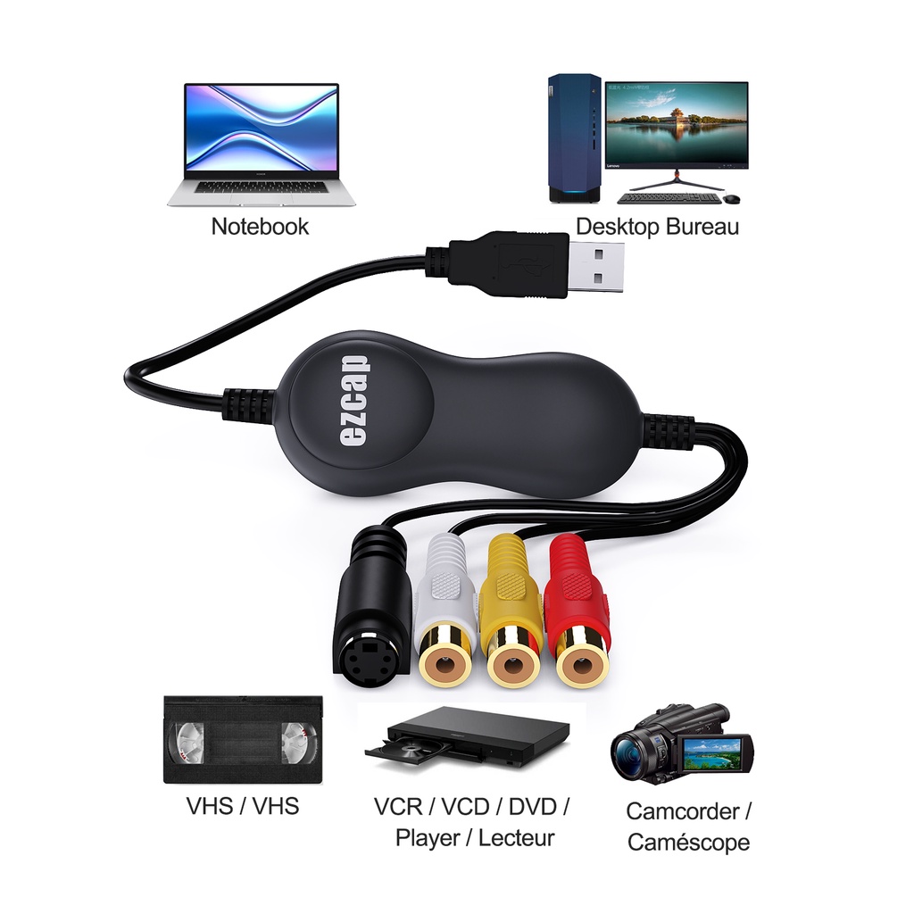 Ezcap159 USB2.0 CVBS AV Svideo Capture Card Grabber สําหรับ DVD VHS Player กล้องวิดีโอบันทึกวิดีโอสํ