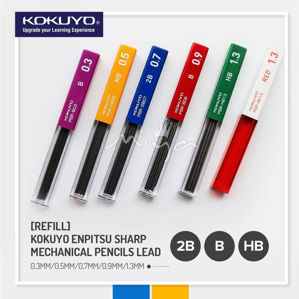 "Kokuyo Pencil" ไส้ดินสอกดนำเข้าจากญี่ปุ่น มีให้เลือกถึง 5 ขนาด คือ ขนาด 0.3,0.5,0.7,0.9,1.3 มม.