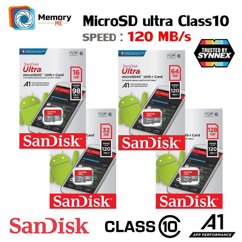 SANDISK เมมโมรี่การ์ด Micro SD card Ultra 16GB,32GB,64GB,128GB[98-120MB/s Read] Class10 A1[SDSQUA4] memory sdcard ของแท้