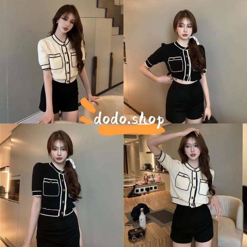 DODO*พร้อมส่ง*เสื้อคอกลมแขนสั้นแต่งกระเป๋าสองข้างตัดด้วยลายเส้นแนวเกาหลีทรงสวยสีขาว/สีดำ（47109）