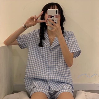 พร้อมส่ง ชุดนอน pajamas ชุดนอนน่ารัก ชุดนอนแขนสั้นขาสั้น ชุดนอนลายสก๊อต ชุดนอนสไตล์เกาหลี มินิมอลมาก ชุดนอนสวยๆ