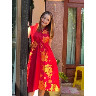 เดรสแดงตรุษจีน🈂️เดรสแขนกุดสีแดงลายมงคล