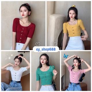 Ey_shop688S24# ฝ้าไหมพรมแขนสั้นกระดุมหน้า5เม็ด​