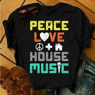 เสื้อยืด ผ้าฝ้าย 100% พิมพ์ลาย Peace Love House Music แฟชั่นสําหรับสตรีS-5XL