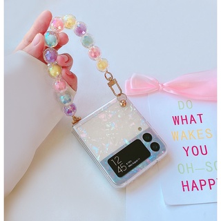 เคสโทรศัพท์มือถือ ประดับลูกปัด พร้อมสายคล้องมือ สําหรับ Samsung Galaxy Z Flip 5 4 3 5G zflip5 Flip3 Flip4