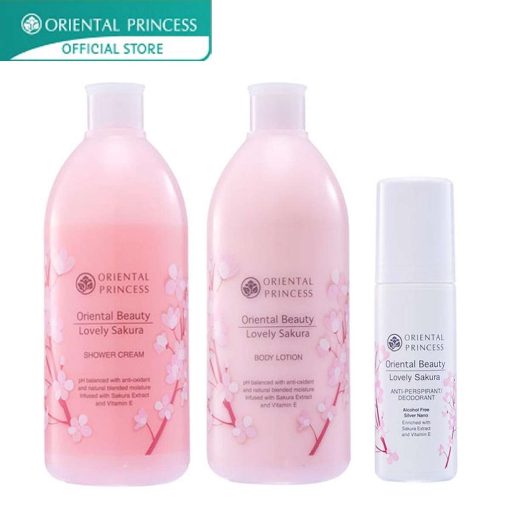 โลชั่น ครีมอาบน้ำ ลูกกลิ้ง Oriental Princess แพ็ค 3 ชิ้น Oriental Beauty Lovely Sakura Shower Cream &amp; Body &amp; Deodorant