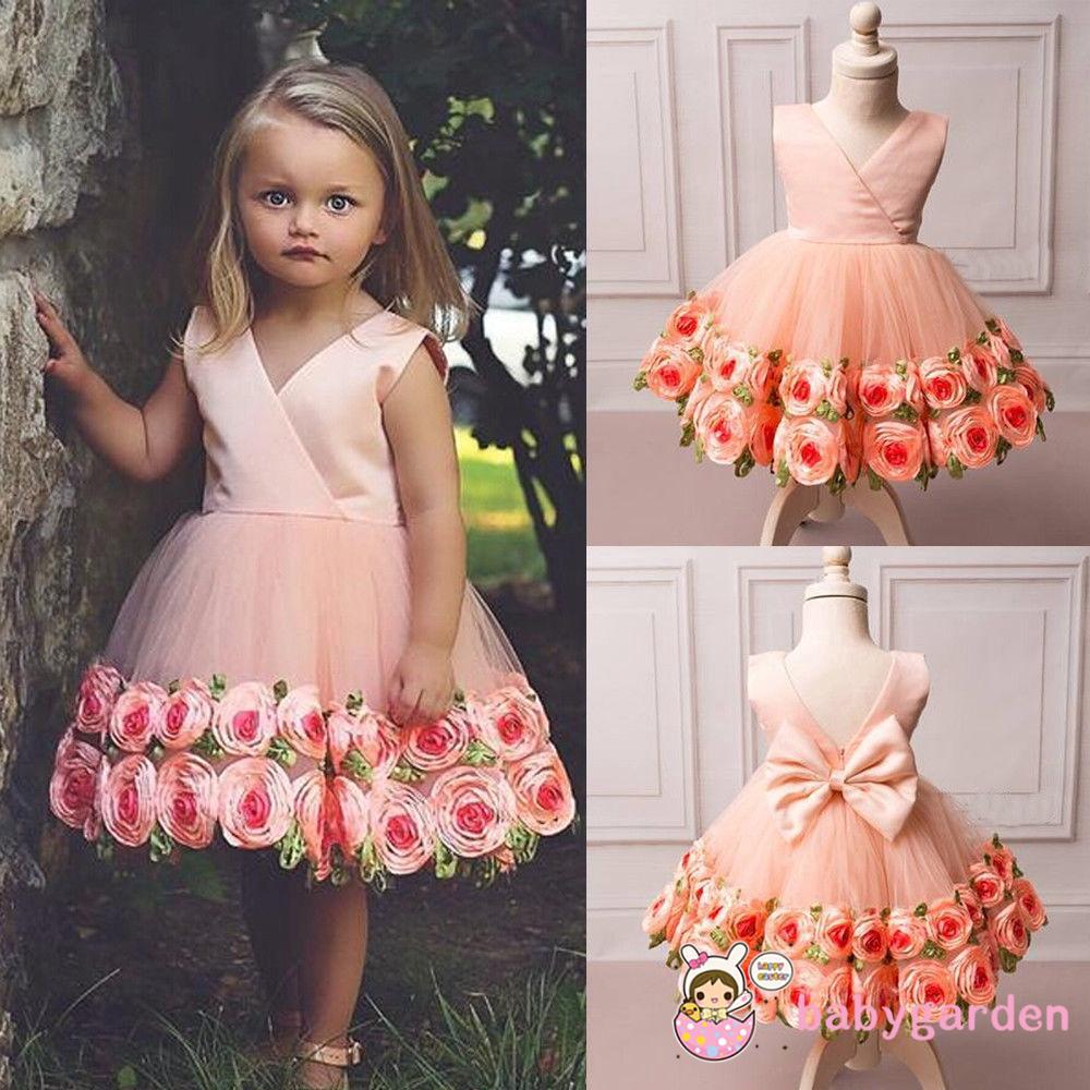 Cute Baby Girl Princess Party Prom Bowknot Tutu Summer Dress Lace Rose Wedding Bridesmaid Formal Dresses