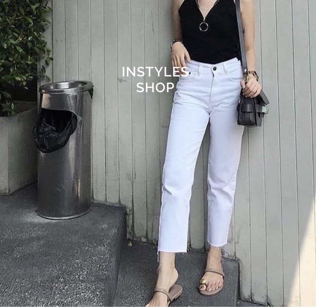 Instyles_shop - มีไซส์ใหญ่ 2XL-5XL มาใหม่! กางเกงยีนส์ทรงบอยสีขาวปลายขาตัด งานแต่งเรียบแต่หรูดูแพง กางเกงยีนส์สีขาว
