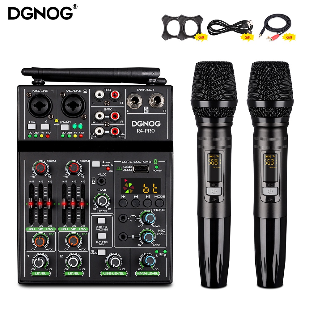 USB 4channel Audio Mixer with UHF Wireless Mics For PC Recording Mixing
