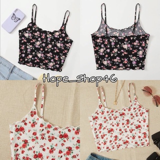 HopeS พร้อมส่ง 🌺เสื้อครอป/สายเดี่ยว สีดำ ผักกาดหอมลายดอกไม้ เสื้อผ้าผู้หญิงมีไซส์สาวอวบXL. (K004)