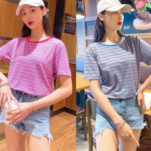 🌿Shop_mkl 🌈👕 เสื้อยืดคอกลม แขนสั้น ลายทางสไตล์วินเทจ เสื้อยืดลำลอง ผ้าใส่สบายมีให้เลือก5สี🚚🚚#9304