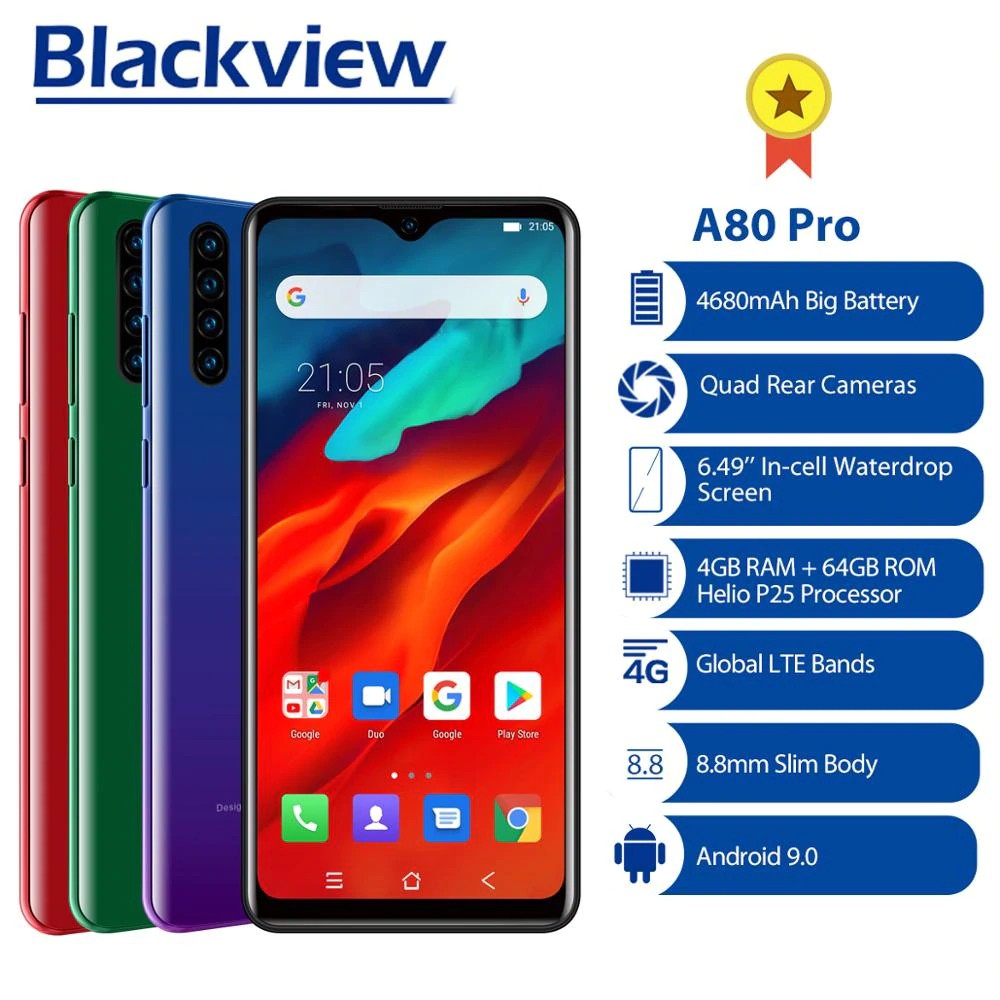 Blackview A80 Pro Quad กล้องด้านหลัง Octa Core 4GB + 64GB โทรศัพท์มือถือ 6.49 'Waterdrop 4680mAh 4 กรัมสมาร์ทโฟน