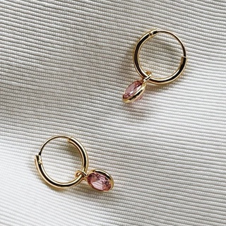 10mm Pink CZ Dangle Hoops, 18K Gold Plated Sterling Silver Earrings E0074 | เงินแท้ 925 ชุบทองเเท้ 18 กะรัต