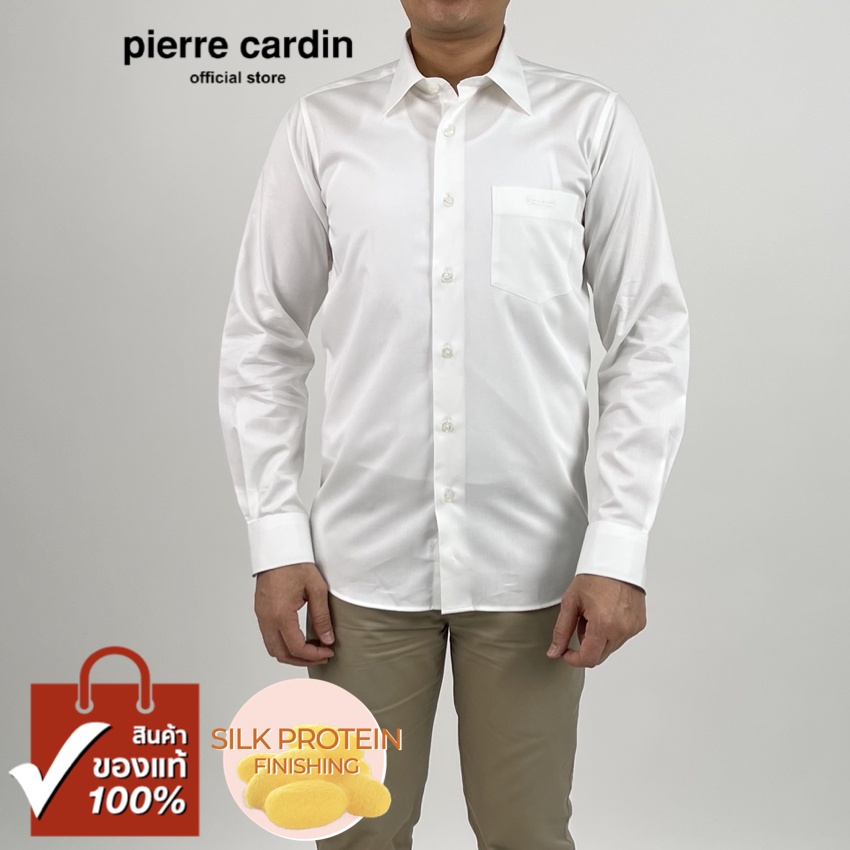 Pierre Cardin เสื้อเชิ้ตแขนยาว Silk Protein Finishing Slim Fit รุ่นมีกระเป๋า ผ้า Cotton 100% [RHS308F-WH]