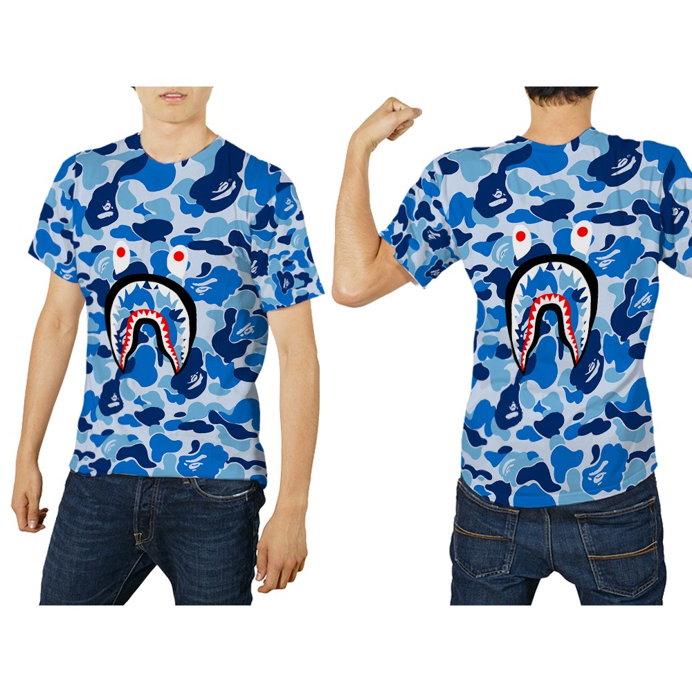 เสื้อยืดแขนสั้นผู้ชาย Design A BATHING APE BAPE SHARK BLUE 3D Full Print Sublimation ล่าสุด