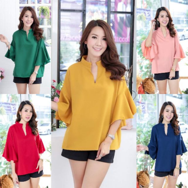 PP01-เสื้อแฟชั่นสาวอวบแขนกระดิ่งคอจีน อกฟรีไซร้44"🎉🎉