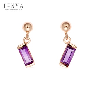 Lenya Jewelry ต่างหูเงินแท้ 925 ชุปทองพิงค์โกล ประดับด้วยพลอย Amethyst ทรงสีเหลื่ยมยาว สไตล์ มินิมอล สวย น่ารัก