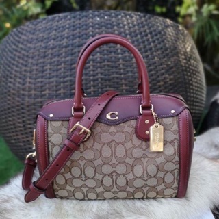 IVIE BENNETT SATCHEL IN SIGNATURE JACQUARD (COACH F38112) KHAKI/WINE/LIGHT GOLD