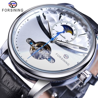 Forsining Skeleton White Automatic Mechanical Watch Mens Genuine Leather Strap Sun Moon Display Fashion Tourbillon Wrist