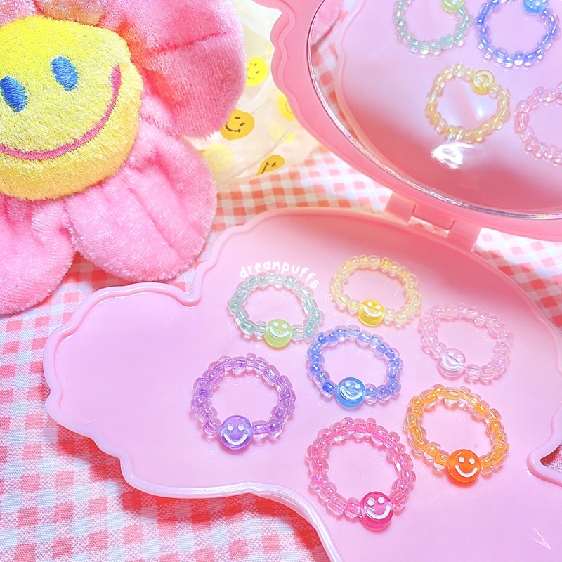 ส่งด่วน แหวนลูกปัด แหวนหน้ายิ้มสีเยลลี่ สีสอดไส้ น่ารักมาก