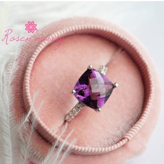 Rosenmarry/ แหวนพลอยอเมทิสแท้ สีม่วงเข้มเจียหน้าตารางทรงสี่เหลี่ยม ตัวเรือนเงินแท้ จัดส่งฟรีพร้อมกล่อง RR104A