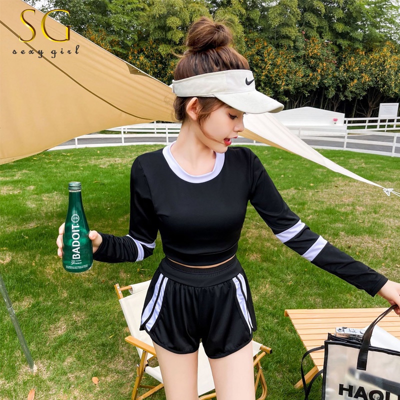 lovito เซตชุดว่ายน้ำ ผู้หญิง 2 ชิ้น เสื้อแขนยาว + กางเกงขาสั้น สีดำ,ชมพู ลายแทบสีขาวด้านข้าง น่ารัก 