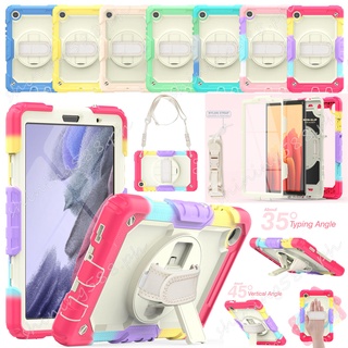 Samsung Galaxy Tab A7 Lite 8.7 2021 SM-T220 T225 Built-in Screen Protector Shoulder Strap Assembled Case Wristband 360 Degree Rotating Bracket Colorful Cover