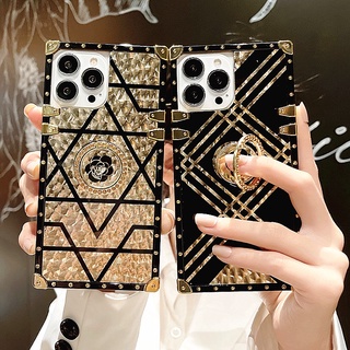 เคส Xiaomi Redmi Note 11 10 9 8 8A 9A 9C 10C 9T 9S 10S Poco M3 X3 F3 C3 M4 Pro Max GT NEO หรูหราสแควร์สีทองผีแหวนดอกไม้ขาตั้งโทรศัพท์กันกระแทกโลหะ
