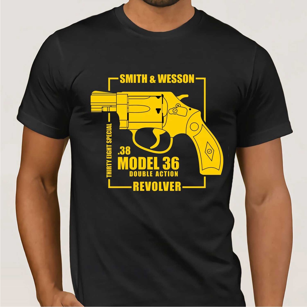 เสื้อยืดคอกลมเสื้อยืด ผ้าฝ้าย พิมพ์ลาย Smith & Wesson Model 36 สําหรับผู้ชาย และผู้หญิงผ้าฝ้ายแท้