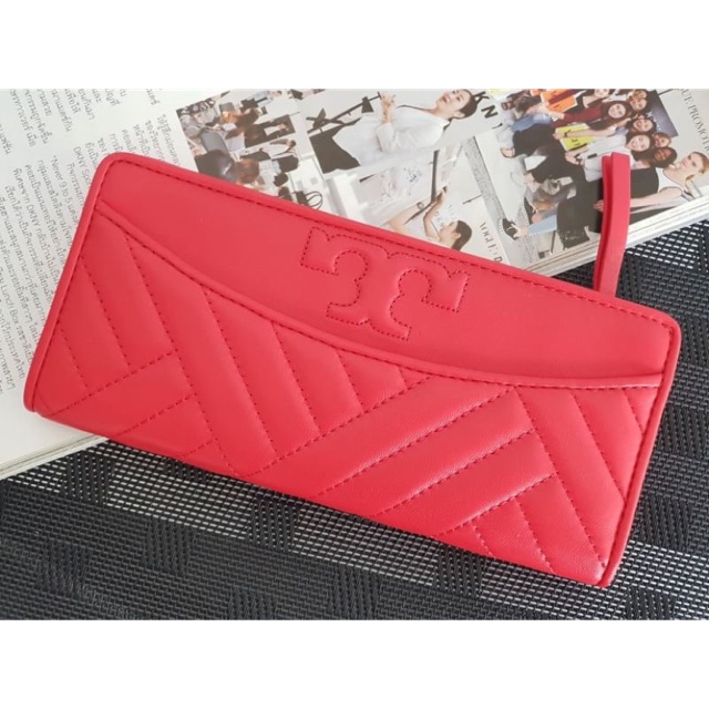 กระเป๋าสตางค์ หนังแท้ สีแดง ใบยาว Tory Burch Plain Leather Long Wallet 60228