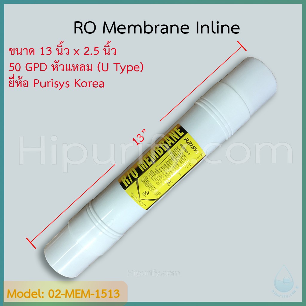 ไส้กรอง RO Membrane 50 GPD 13 นิ้ว ยี่ห้อ Purisys Korea (U Type)